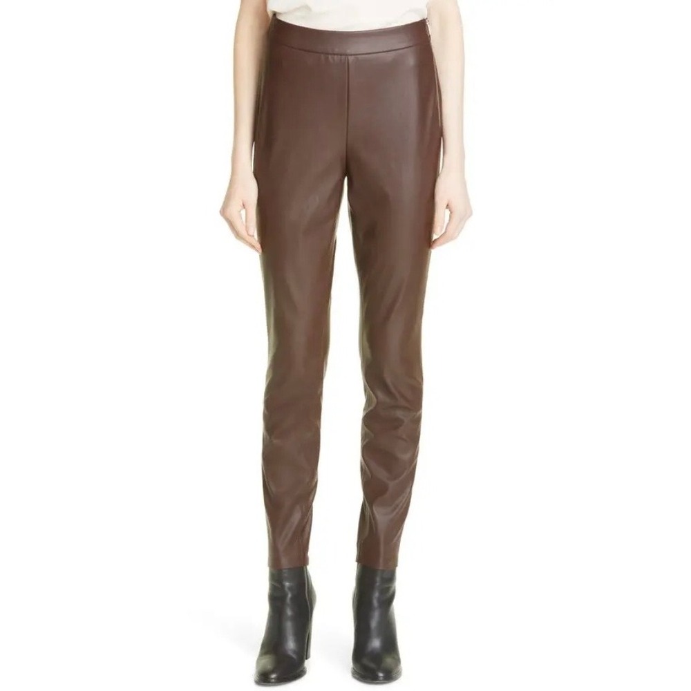 NWOT Hugo Boss Women's Taslima Brown Faux Leather Slim Fit Trousers Size 14